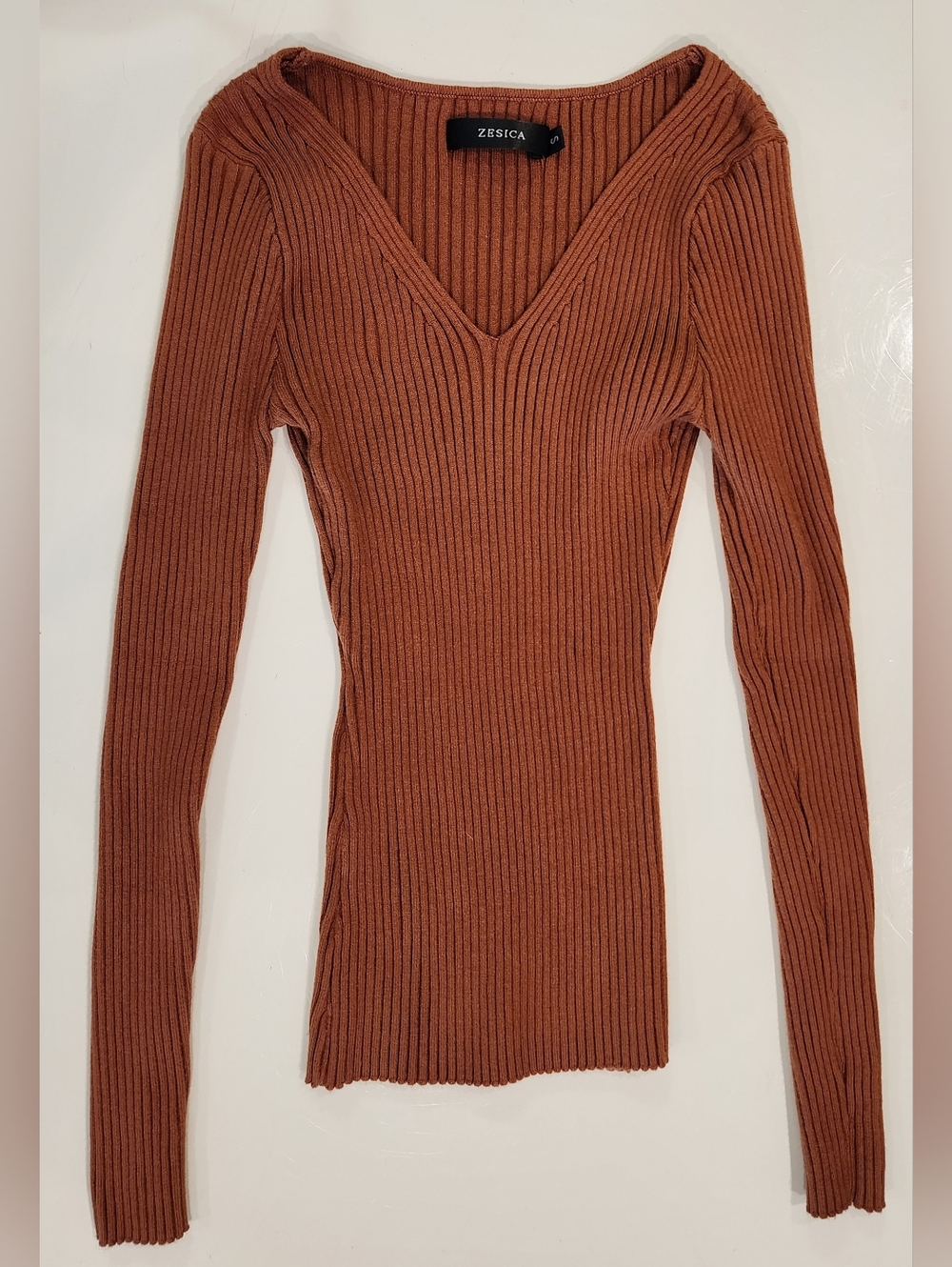 ZESICA Brown Ribbed Knit Sweater Super Stretchy Slim Long Sleeve Women's Small